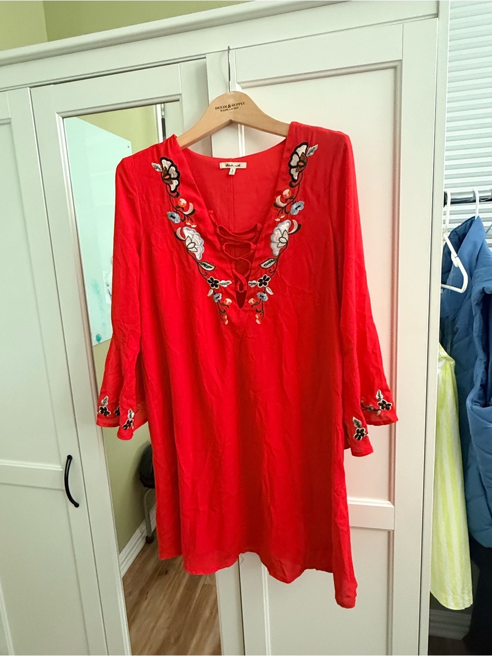 bleuh ciel Red Embroidered Lace-Up V-Neck Tunic dress